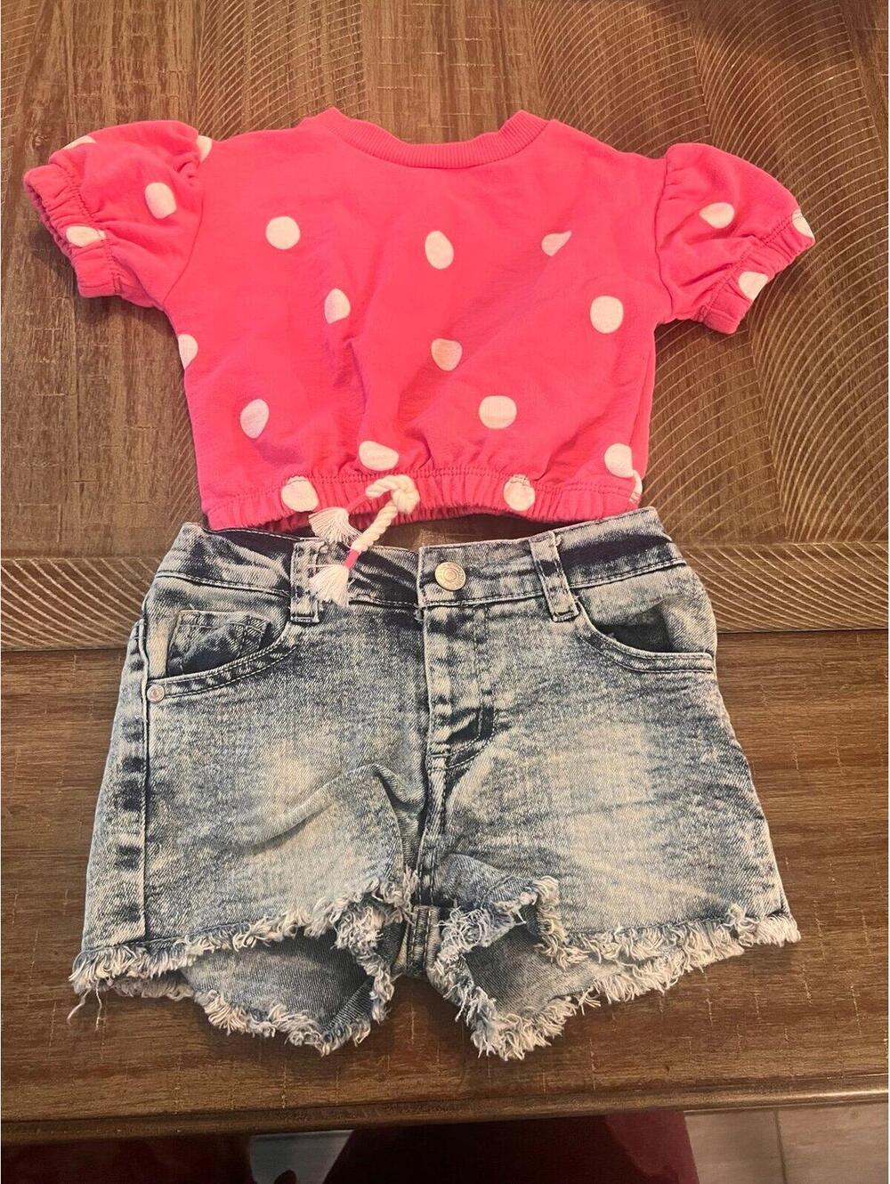 Jessica Simpson Girls' Pink Polka Dot Short Sleeve Sweatshirt & Blue Jean Shorts